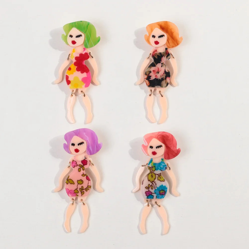 Hot Selling Creative Movable Limbs Woman Pattern Brooch Personality Acrylic Brooch for Women's Wedding Party Gift for Children