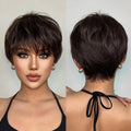 Factory Fast Delivery Short Dark Brown Pixie Cut Synthetic Heat Bob Wigs With Bangs Straight Layered Hairs Wig for Black Women