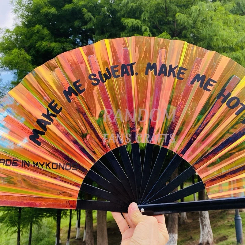 Wholesale Good Quality 33cm Bamboo Crafts Carved Custom Printed Large Holographic Rave Angel Personalized Folding Hand Fan