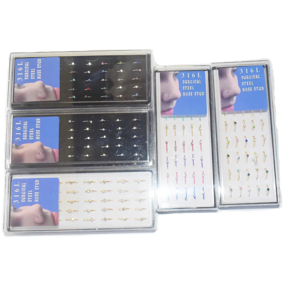 Women Stainless Steel 8mm Inner Diameter 0.5mm Thick 40pcs Pack Face Nose Ring Hoop with Zircon 1.8mm Charm Bead 1.8mm Jewelry