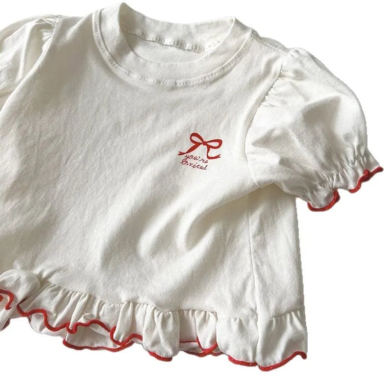 New Summer Casual Girls' Cotton T-Shirt Top with Cute Puff Sleeves Lace Trim Bowknot Letter Print O-Neck
