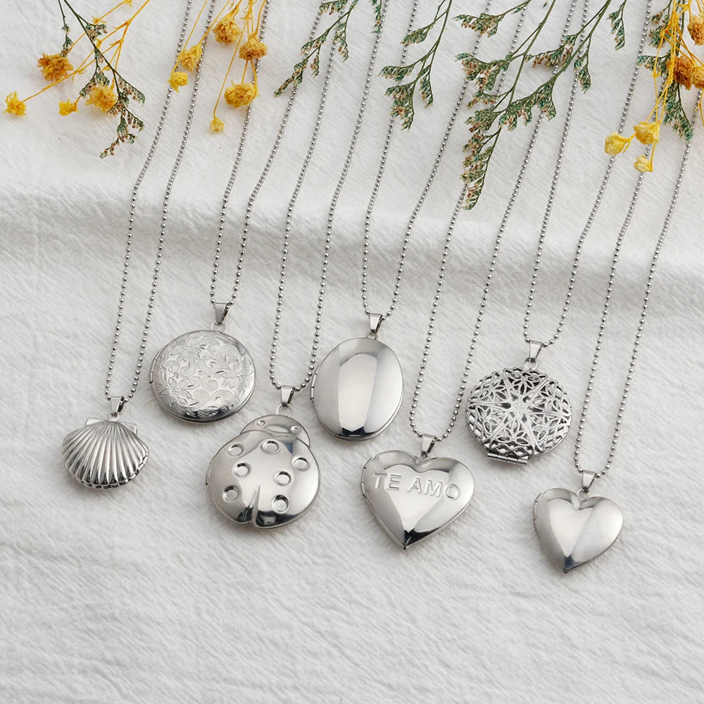 Wholesale Heart Pattern Round Shell Book Oval Hollowed Out Pendant Photo Box Necklace Stainless Steel Glossy Necklace