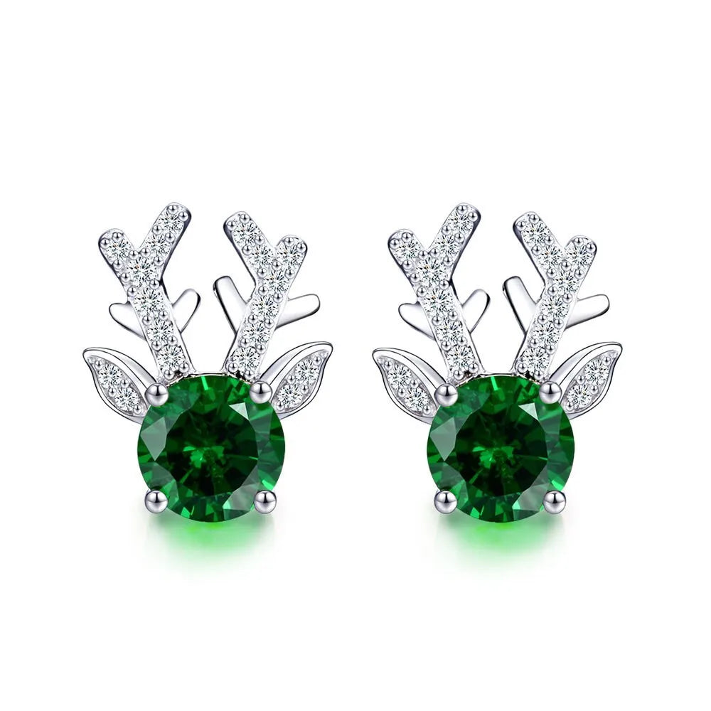 CAOSHI Wholesale Christmas Elk Silver Plating Deer Stud Earrings for Female Girls Green Zircon Antler Cute Stud Earrings