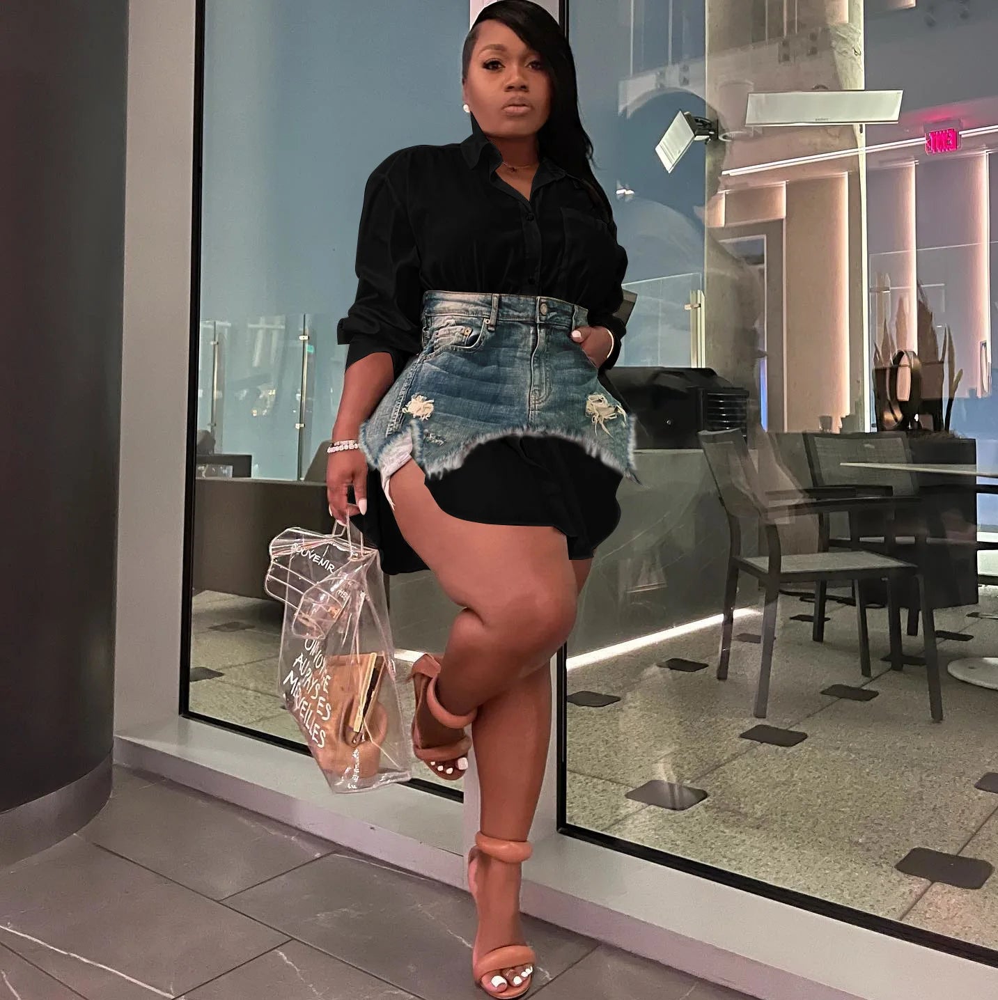 Spring New in Stock Casual Long Sleeve Denim Skirt Mini Shirt Dress Two Piece Set