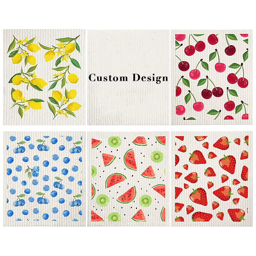 Custom Design Eco-Friendly Reusable Cellulose Cotton Dish Sponge Cloth Swedish Dishcloth Print Kitchen Dining Dishcloth