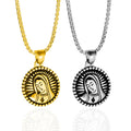 Vintage Distressed Gold Plated Stainless Steel 316L Virgin Mary Pendant Necklace for Men & Women with Cross Chain