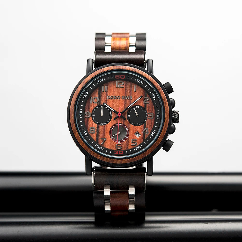2022 New for E03 Men's Luxury Antique Wooden Stainless Steel Chronograph Watch 22mm Width Sapphire Crystal Dial 3BAR Water