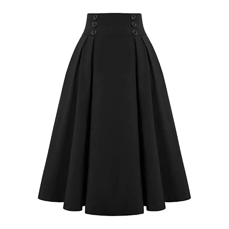 Summer Ladies Swing Buttons Decorated Elastic Skirts High Waist Elegant Retro Pleated Skirt