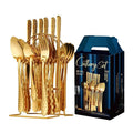 24Pcs Gold Stainless Steel Cutlery Set Hammered Pattern Flatware With Metal Stand Holder Gift Box For Wedding Home