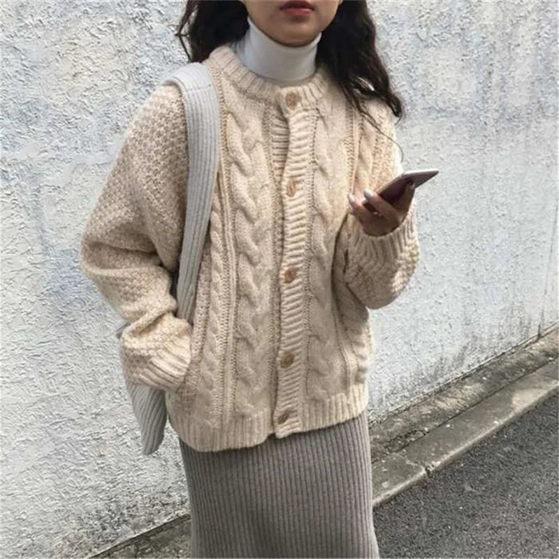 Korean-Style Long Sleeve Knitted Sweater for Women O-Neck Jacquard Button Jacket with Woven Twist Design Winter Cardigan
