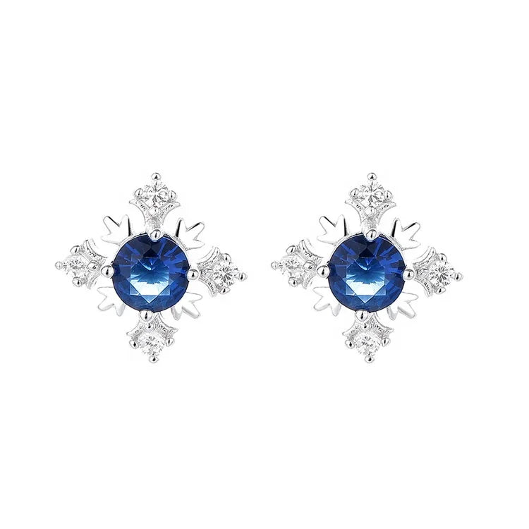Snow Flower Stud Earrings in Sterling Silver 925 Blue Gemstone Snow Flake Ear Jewelry for Kids