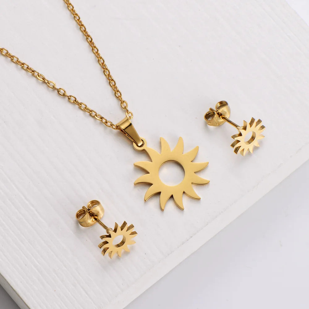 Non Tarnish Stainless Steel Gold Sun Charm Necklace Stud Earring Jewelry Set 18K Gold Plated for Wedding Party Engagement
