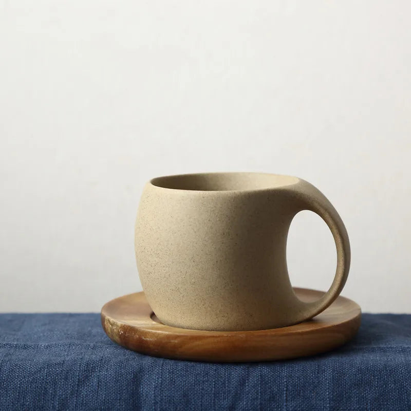Gift Health Pottery Coffee Cup with Acacia Wooden Tray to Send Spoon Simple Water Mug