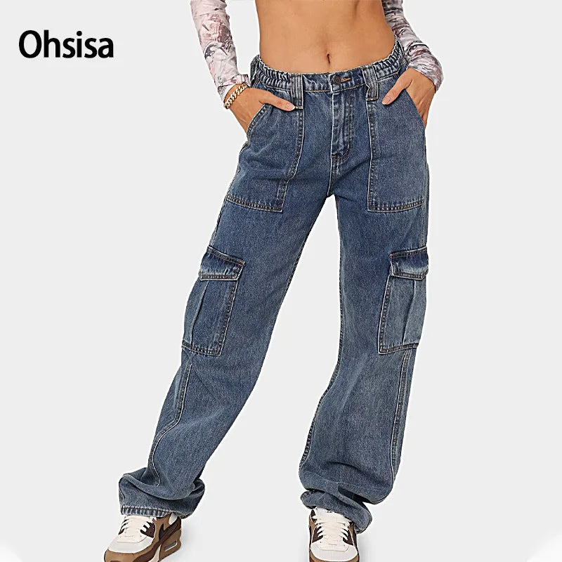 Hot Sale Washed Cotton Trousers Pockets High Waist Cargo Jeans Casual Jeans for Women