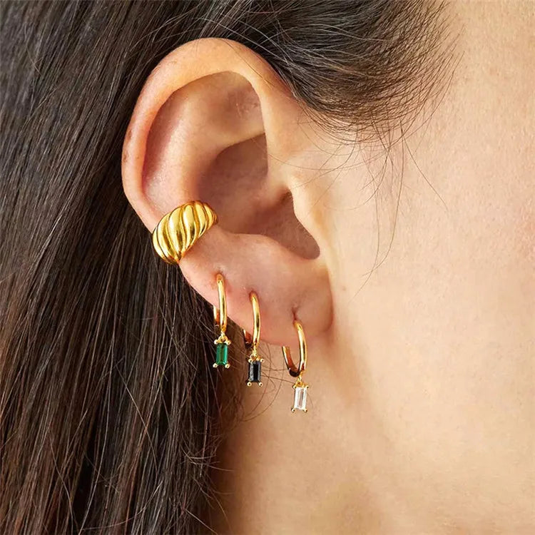 SP Trendy Fashion INS 18K Gold Plated Geometric Rectangle CZ Zirconia Rhinestone Drop Hoop Earrings for Women