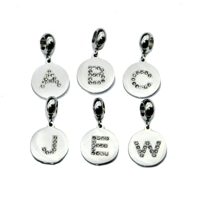 Stainless Steel English Letters White Rhinestone Crystal Clay Paved Round Charms for Bracelet Making