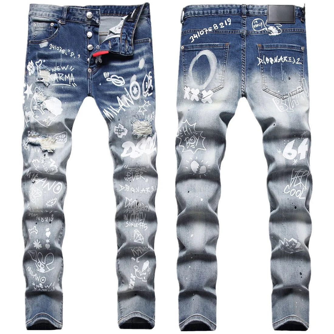 Custom LOGO Italian Trendy Big-name Pad Cloth Patch Messy Thread Embroidery Hole Digital Printing Elastic Small Straight Jeans