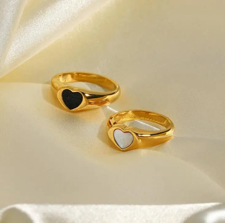 Stainless Steel 18K Gold Plated Tarnish Free Jewelry Women Girls Simple White Shell Black Enamel Heart Signet Ring