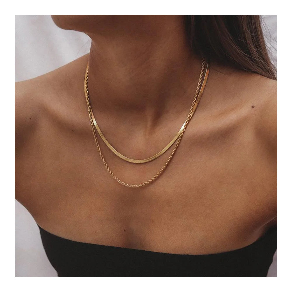YuJin 18K Gold Plated Waterproof Versatile Double Layered Herringbone Rope Chain Necklace Stainless Steel Jewelry Wholesale
