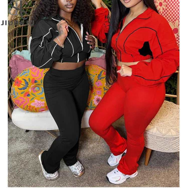 Patchwork Women Zipper Crop Jacket and Long Pants Suit 2025 Sporty Two 2 Piece Sets