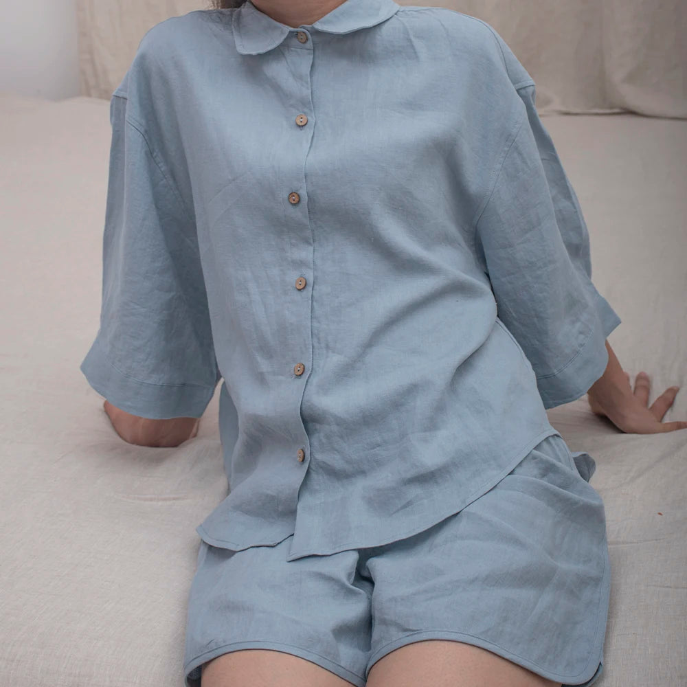 Simple Casual Style High Quality Unisex Top Shirt and Shorts Linen Summer Nightgowns Stonewashed 100% Pure Linen Pajamas Set