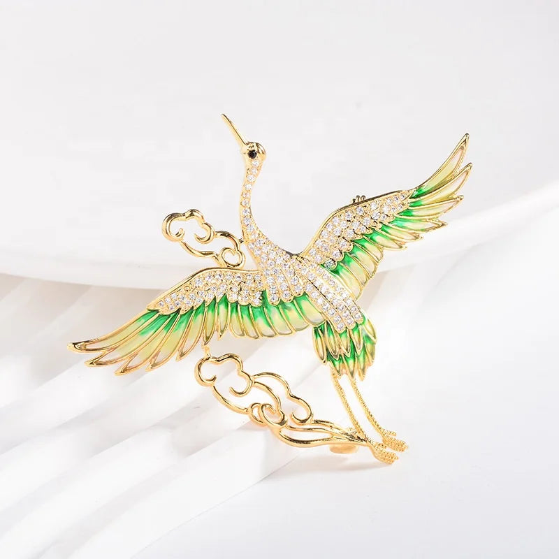 New Luxury Chinese Exquisite Enamel Crane Breastpin Women Luxurious Elegant Lapel Pin Fashion Ladies Bling Zircon Brooch Jewelry