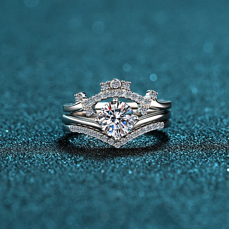 Silver 925 Original Excellent Cut 0.8 Ct Diamond Test Past Moissanite Cronw Ring Set Sparkling Gemstone Wedding Rings for Women