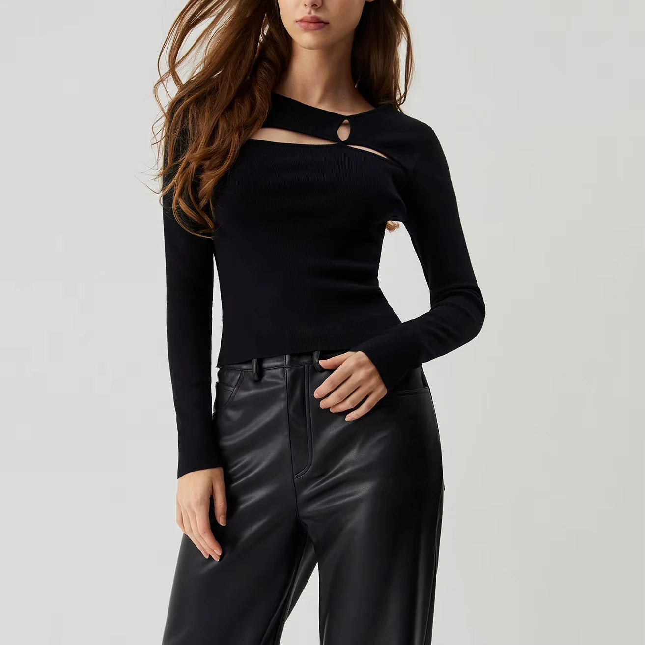 OEM&ODM Women Long Sleeve Tshirt Stretch Fabric Sexy Cutout Knot Slim Fit Tops
