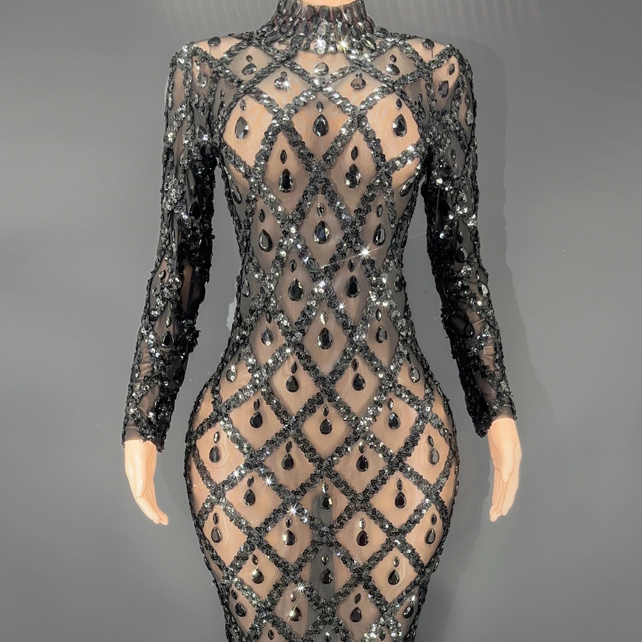 2022 Sexy Handmade Crystal Sequin Extreme Sexy Transparent Dress Black Mesh Diamond Crystal Dress