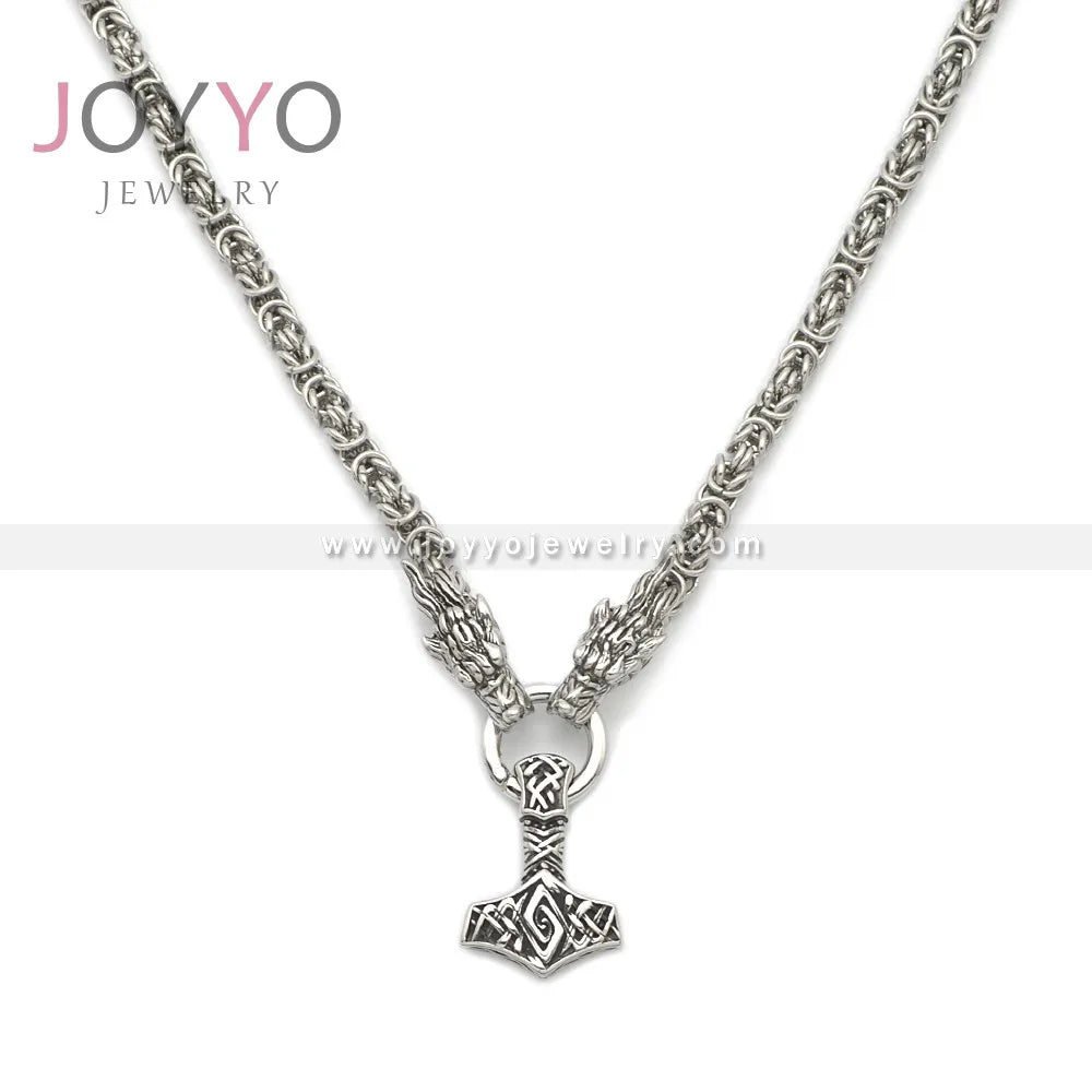Stainless Steel Hammer Pendant Dragon Head Jewelry Necklace Viking Rollo De Cadena De Acero Inoxidable Biker Jewelry for Male