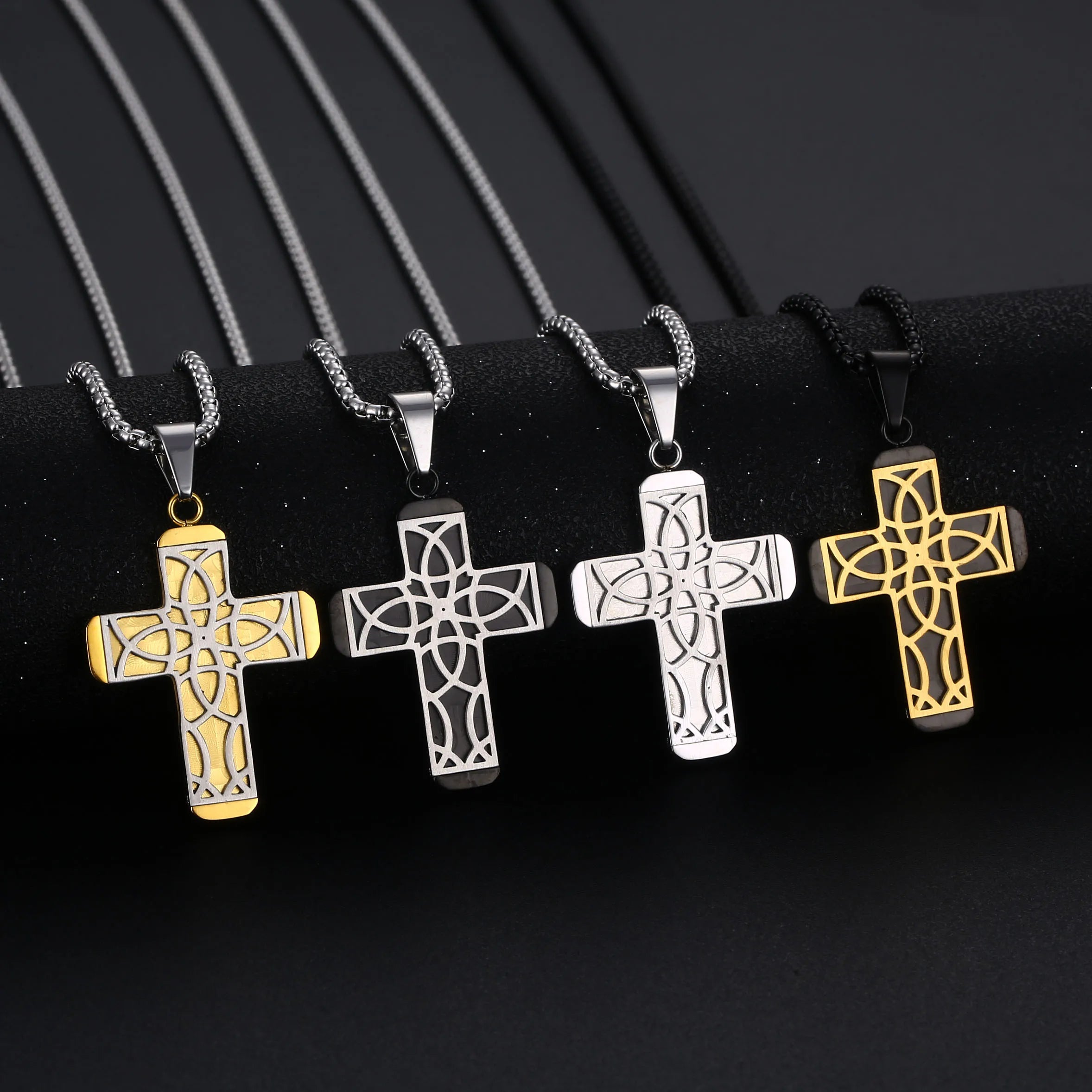 Black Gold Plated Jewelry Stainless Steel Hollow Cross Necklace for Men