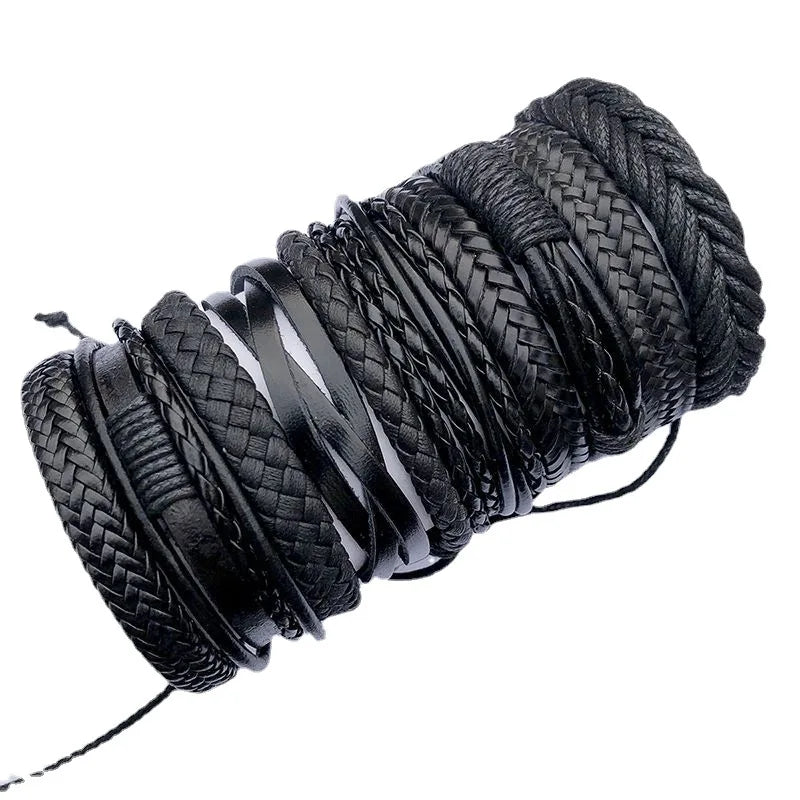 Hot Selling 10pcs Set Black Leather Handmade Braided Multi-Layer Wrap Bracelets Wedding Gifts for Men