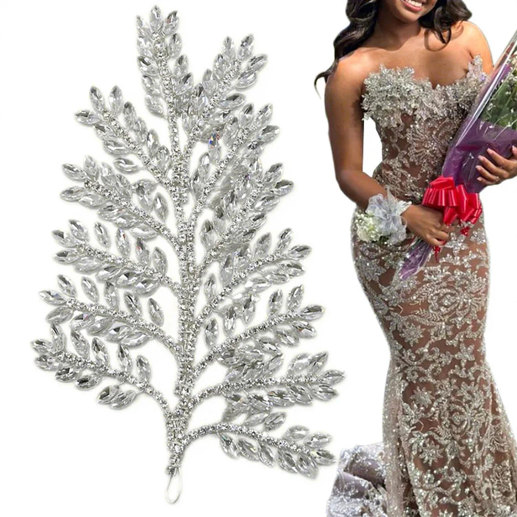 WHD-066 Latest Custom Crystal Applique Leaf Applique for Dress Making Accessories Bridal Jewelry
