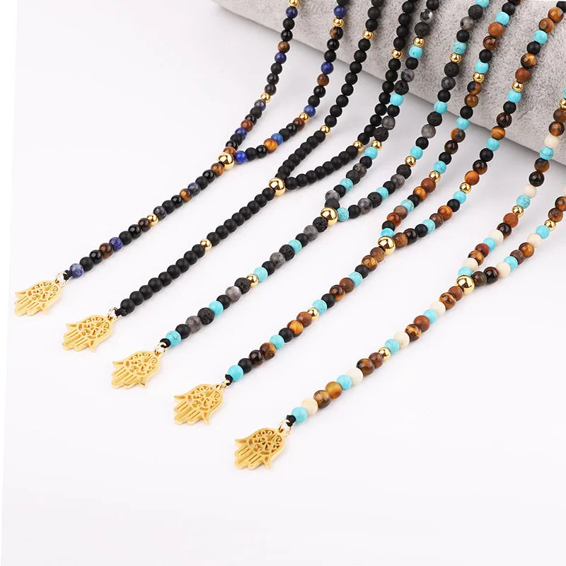 New Design Jewish Jewelry Small Natural Stone Stainless Steel Beads Gemstone Hamsa Hand Pendant Beads Long Necklace Men