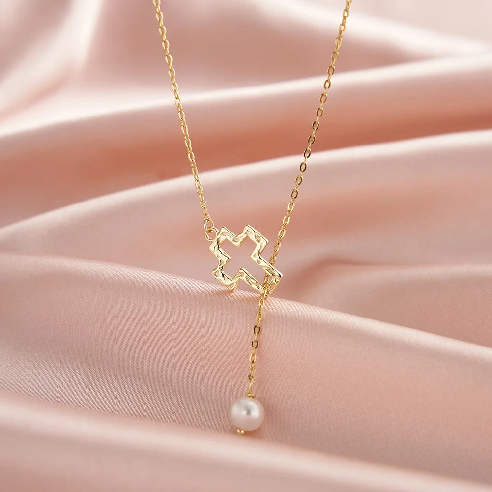 RINNTIN GPN76 Stretchable Chain Freshwater Pearl Cross Hollow Necklace 925 Sterling Silver Fine Y-pendant Necklaces for Women