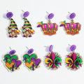 New Green Purple Mardi Gras Yellow Mixed Print Heart Crown Dwarf Sunflower Iris Design Stylish Acrylic Drop Earrings Mardi Gras