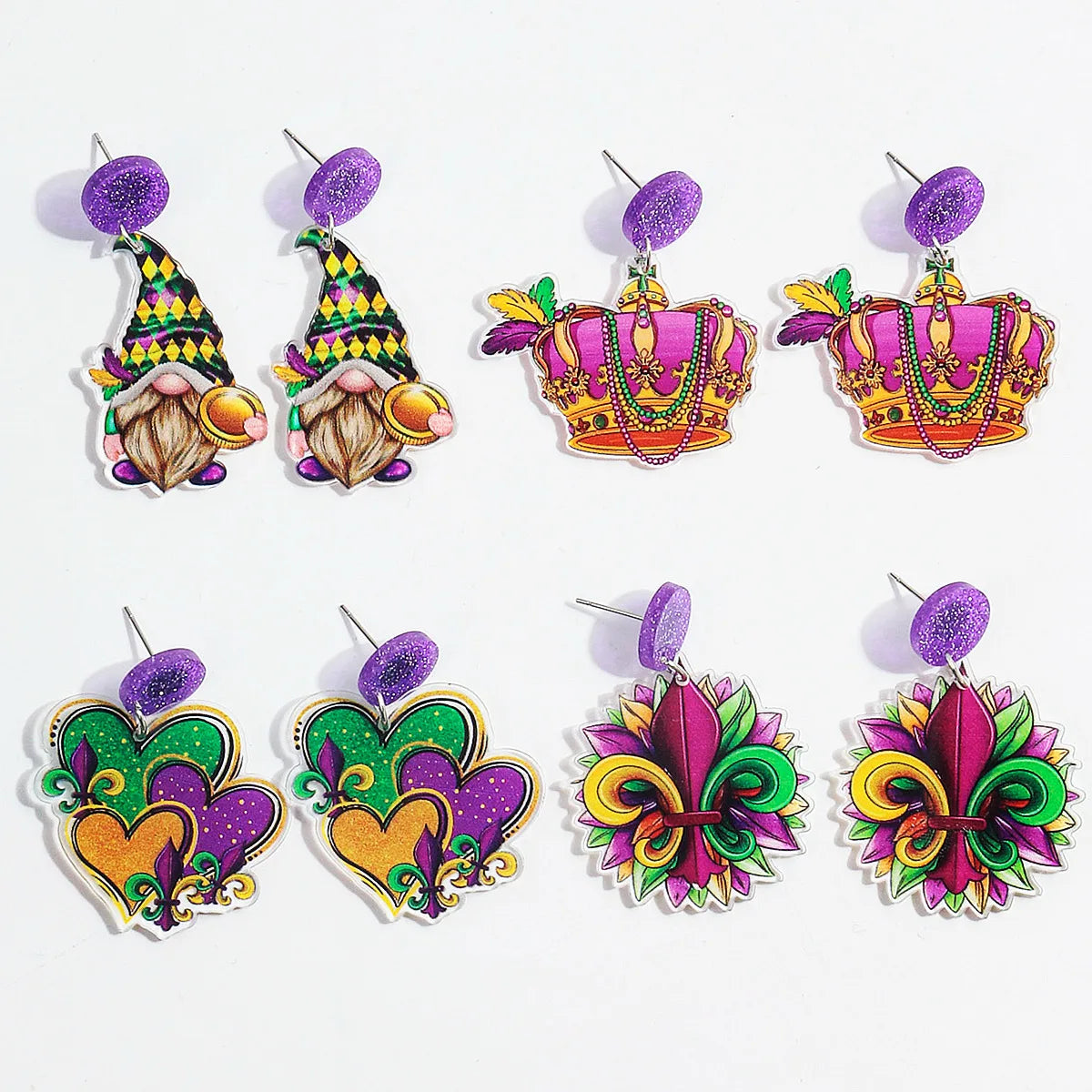 New Green Purple Mardi Gras Yellow Mixed Print Heart Crown Dwarf Sunflower Iris Design Stylish Acrylic Drop Earrings Mardi Gras