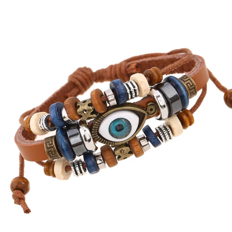 Couple Jewelry Men Women Adjustable Leather Beads Charm Eye Bracelet