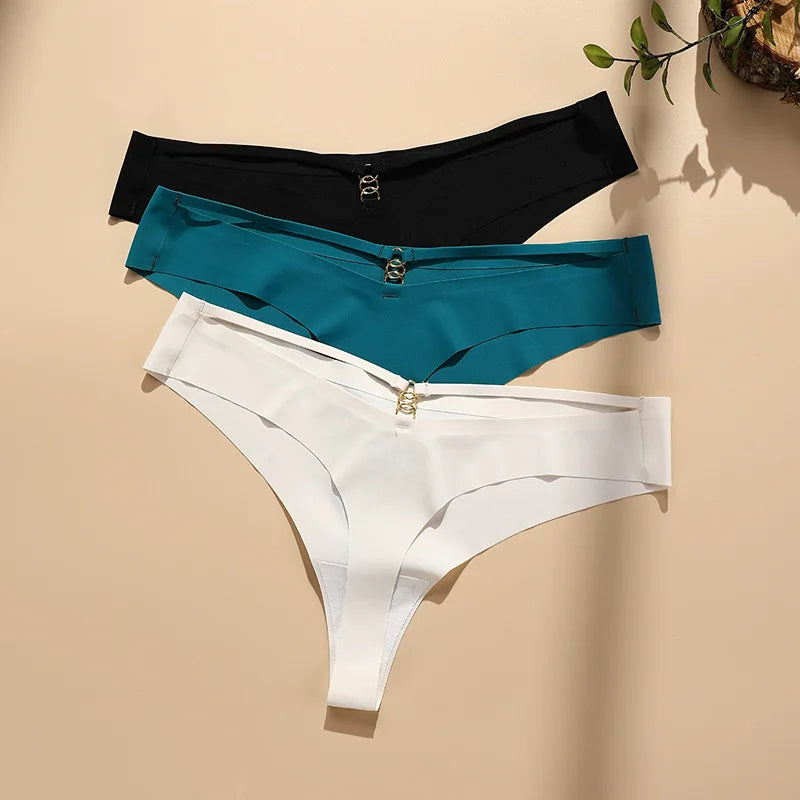 JOGOGO Wholesale Customize Simple One Piece Ice Silk Low Waist Large Size Buckle Design Laser Cut Seamless Thong
