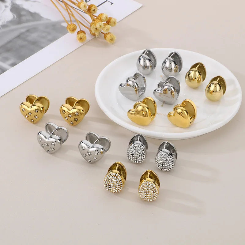 Stainless Steel Double-Sided Heart Waterdrop Ear Clip Earrings Women Single-Sided Crystal Inset Gold Plated Fashion