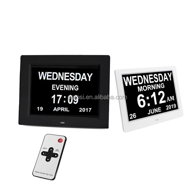 Pros 8" Extra Large Impaired Vision Digital Calendar Day Clock Photo Frame Auto Dimmable Display Day Alarm Clock Non-Abbreviated