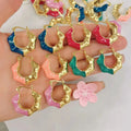 EM1377 80s 90s Vintage Retro 18k Gold Rainbow Multicolor Enamel CZ Micro Pave Summer Wave Hoop Earrings for Ladies