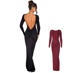 Liu Ming Women's Trending Maxi Dress Solid Backless Ruched for Birthday or Evening Parties Autumn Modest Pleated Fashion