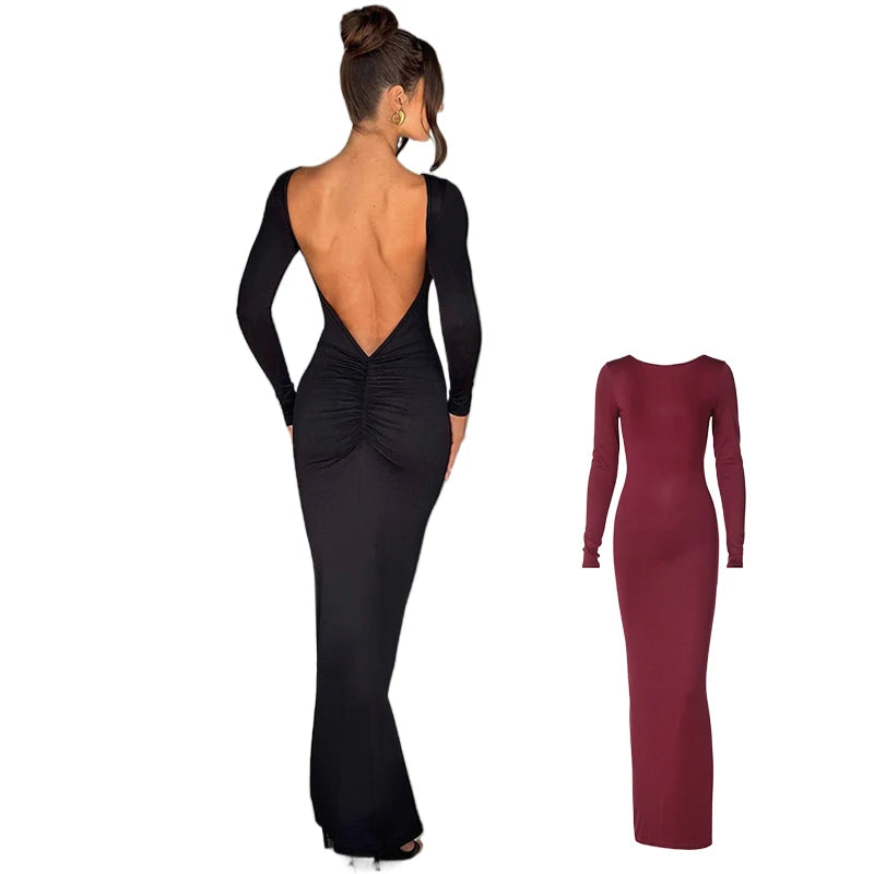 Liu Ming Women's Trending Maxi Dress Solid Backless Ruched for Birthday or Evening Parties Autumn Modest Pleated Fashion