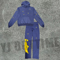 Custom 100% Cotton Oversized Sweat Suit Rhinestone 3d Puff Print Full Zip up Hoodie and Flare Sweatpants Two Piece Set Tracksuit
