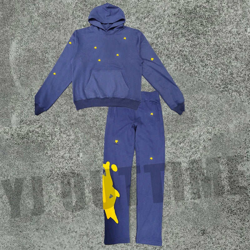 Custom 100% Cotton Oversized Sweat Suit Rhinestone 3d Puff Print Full Zip up Hoodie and Flare Sweatpants Two Piece Set Tracksuit