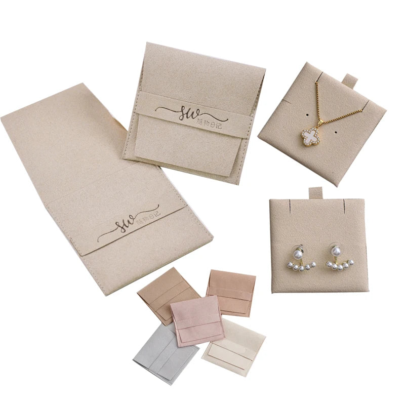 Microfiber Ribbon Closure Jewelry Boxes with Flap Embossed Logo Pouch for Earrings and Bracelets Microfiber Material