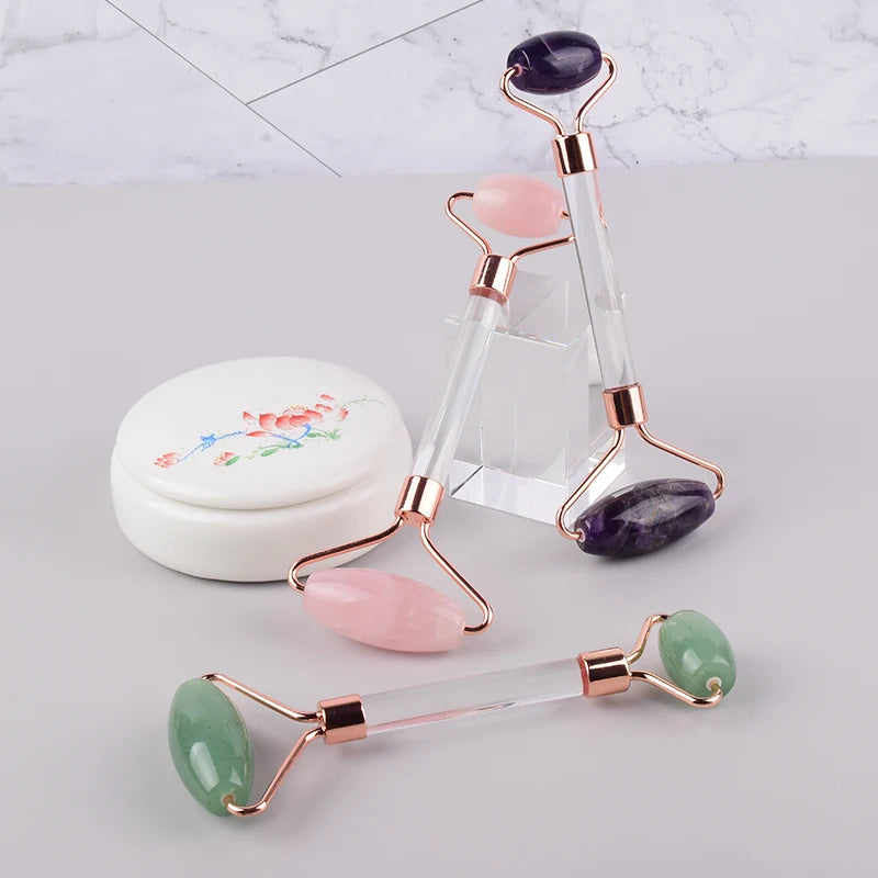 2026 Wholesale Straight Rod Glass Handle Mixed  Rose Quartz Mini Roller for Home Use