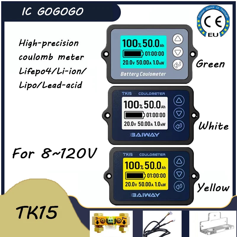 DC 8V- 120V 50A 100A 350A TK15 Battery Tester Coulomb Counter Meter Capacity Indicator Li-ion Lifepo4 Detector Coulometer TK15H