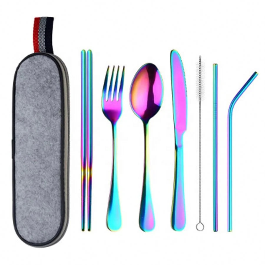 8Pcs/set Tableware Reusable Travel Cutlery Set Camp Utensils Set with Stainless Steel Spoon Fork Chopsticks Straw Portable case